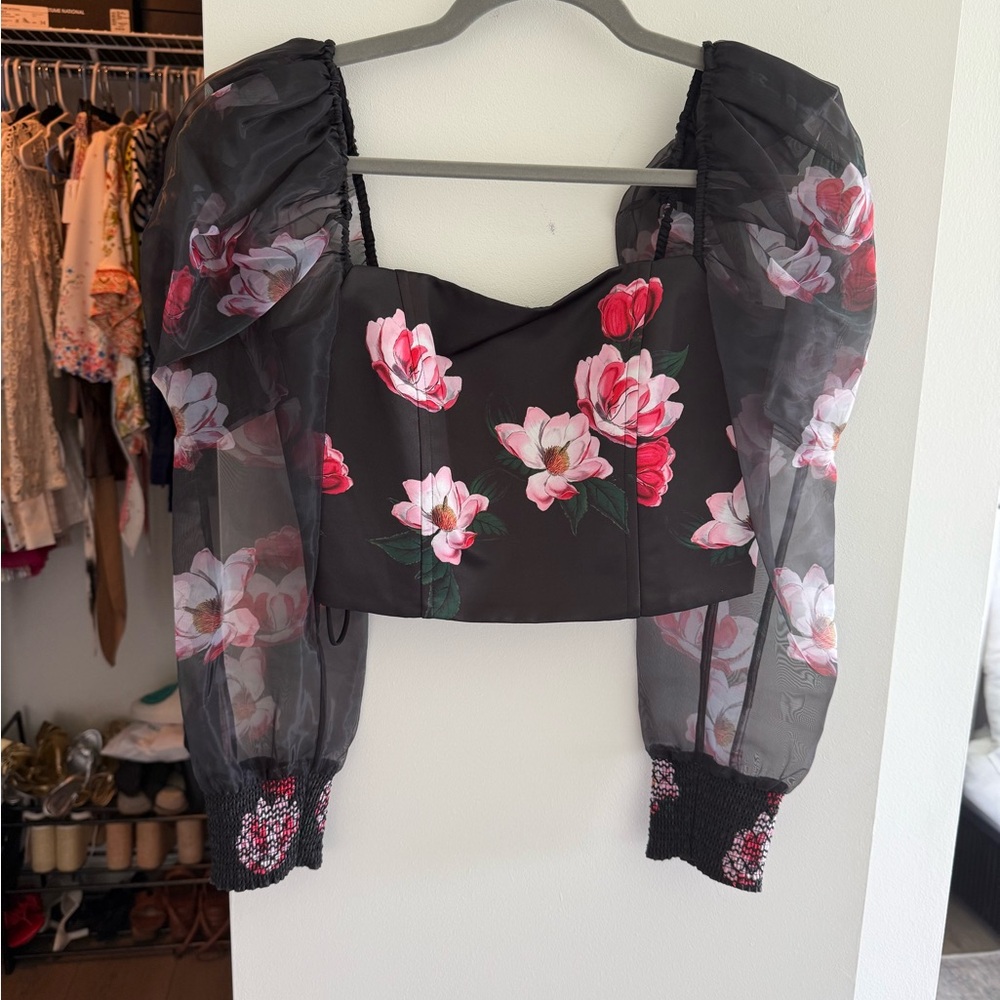 Alice + Olivia Black and Pink Puff Sleeve Crop Blouse